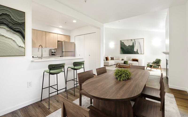 a kitchen with a dining table
